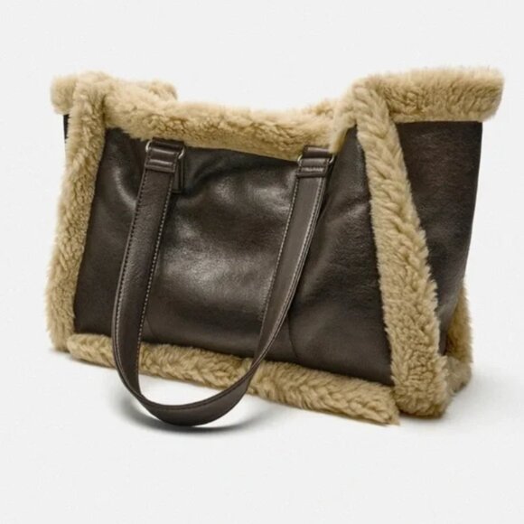 ZARA Fleece Tote Bag Brown Shearling - Picture 4 of 7